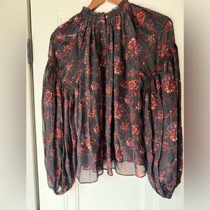 $425 Ulla Johnson Arnoux 98% Silk Floral Blouse in Noir Size M - 6
